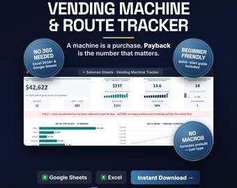 Vending Machine Business Tracker, Route & Payback Calculator (Excel/Google Sheets)