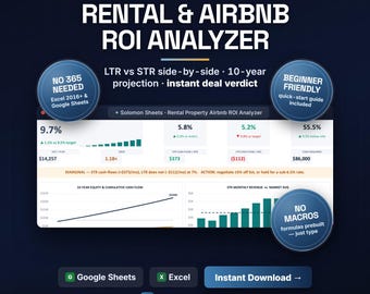 Rental Property & Airbnb ROI Analyzer, Excel/Google Sheets (Instant Download)