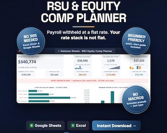 RSU Equity Compensation Planner, Excel Google Sheets, Sell-to-Cover, Tax Shortfall (Digital Download)