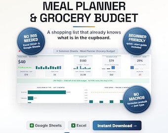 Meal Planner Grocery Budget Tracker, Excel Google Sheets (Instant Download)