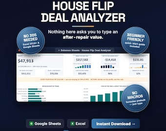 House Flip Deal Analyzer, ARV Calculator, Rehab Budget, Excel Google Sheets (Instant Download)
