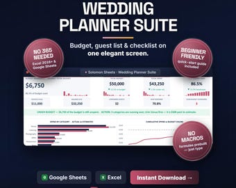 Wedding Planner Spreadsheet, Budget Tracker, Guest List, RSVP Log (Excel/Google Sheets)