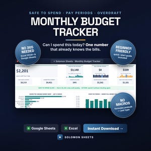 Monthly Budget Tracker | Safe to Spend, Overdraft Forecast (Excel, Google Sheets)