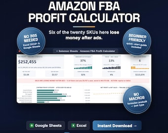 Amazon FBA Profit Calculator, Seller Fee Tracker, Landed Cost Spreadsheet, PPC Margin, Excel Google Sheets