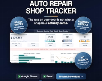 Auto Repair Shop Tracker, Effective Labor Rate, Parts Margin (Excel/Google Sheets)