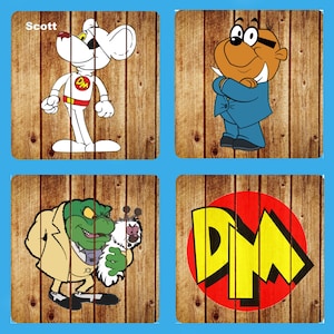 May include: A collage of four images featuring cartoon characters. The top left image shows a white mouse with red and black clothing, the top right image shows a brown bear wearing a blue suit, the bottom left image shows a green frog wearing a yellow suit, and the bottom right image shows a red and yellow logo with the letters "DM".