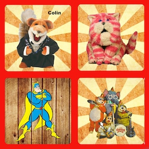 Puede incluir: Un collage de cuatro imágenes con personajes del programa de televisión infantil británico, The Banana Splits. La imagen superior izquierda muestra un títere de zorro rojo con un esmoquin y el nombre "Colin" escrito encima. La imagen superior derecha muestra un títere de gato a rayas rosa y blanco con una cabeza grande y ojos grandes. La imagen inferior izquierda muestra un superhéroe de dibujos animados con un traje azul y amarillo. La imagen inferior derecha muestra los cuatro personajes principales del programa: un perro amarillo, un mono azul, un gorila morado y un elefante rojo. Los personajes llevan todos trajes y sostienen instrumentos musicales. El texto "The Banana Splits" está escrito en un tambor en la imagen inferior derecha.