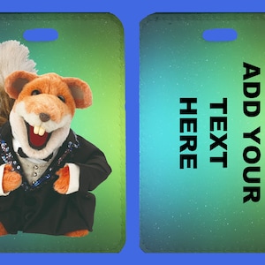 May include: A green and blue gradient background with a white oval cutout. On the left side, a cartoon squirrel wearing a black tuxedo with a white bow tie. On the right side, the text "ADD YOUR TEXT HERE" in black.