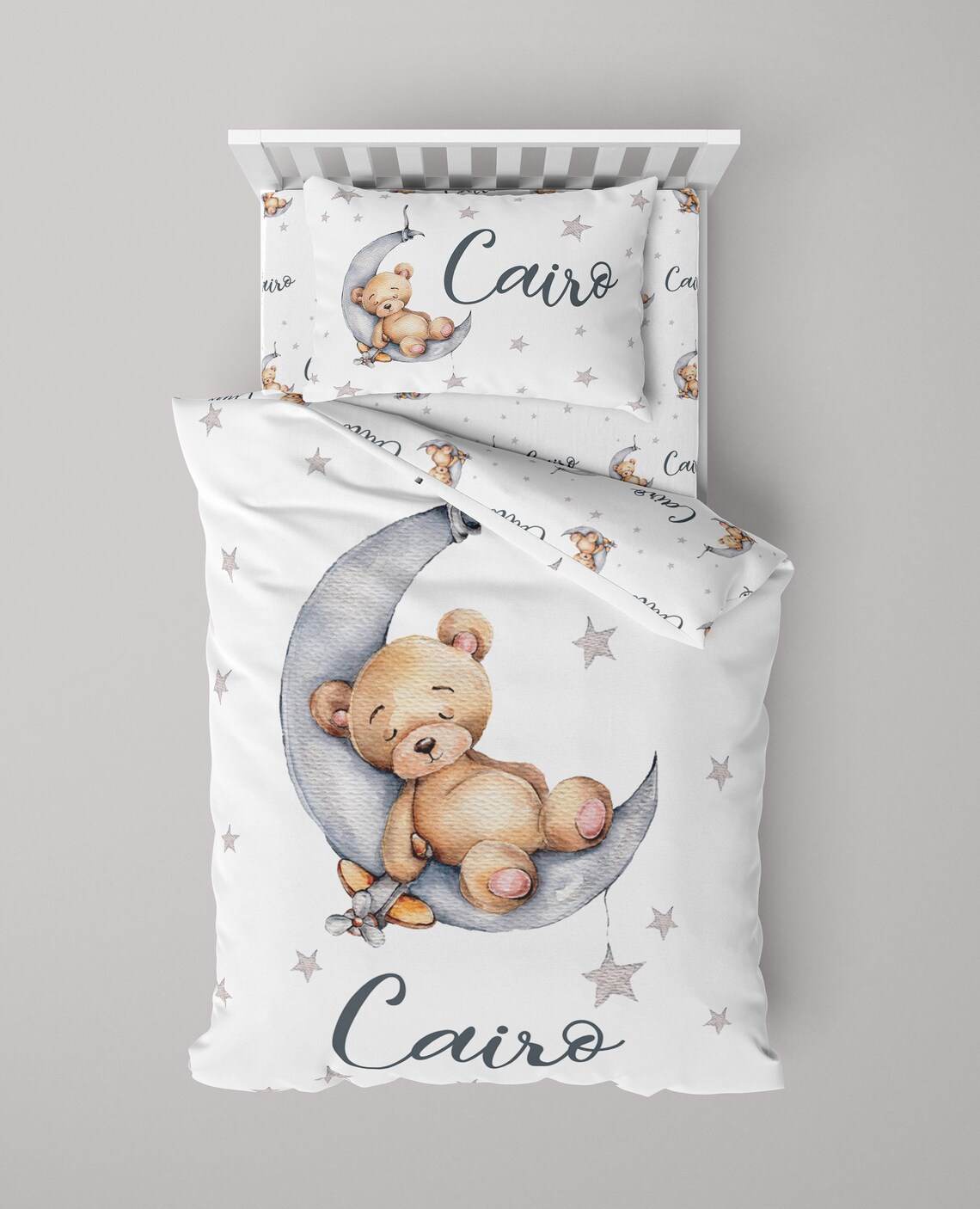 Cute bedding set designed for children, featuring a playful bear motif
