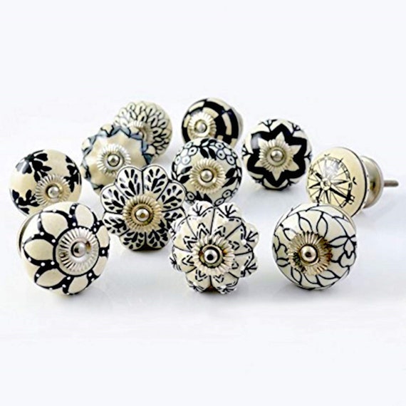 Black Cream Hand Painted Ceramic Door Knobs Multidesign Etsy