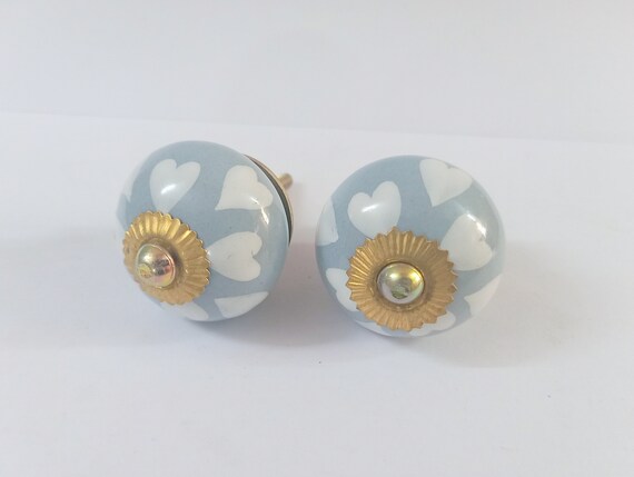 Set Of 2 Pc White Grey Knobs Indian Hand Painted Ceramic Etsy