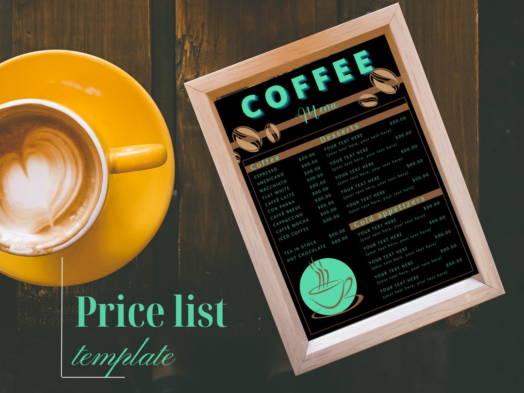 Coffee Shop Price List Template Menu Cafe Price Sheet Black Etsy
