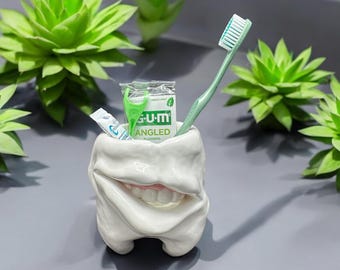 Taza de cerámica divertida con forma de diente para guardar tarjetas de presentación dentales, cepillos de dientes, bolígrafos y más