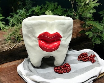 Taza de cerámica divertida con forma de diente para guardar tarjetas de presentación dentales, cepillos de dientes, bolígrafos y más