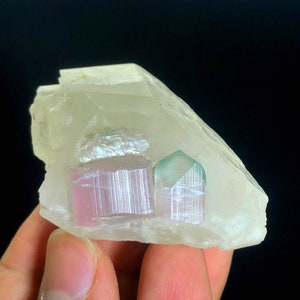Bi Color Tourmaline Crystal on Quartz Mineral Specimen, Tourmaline Crystal, Natural Tourmaline, Tourmaline From Afghanistan 68 Gram