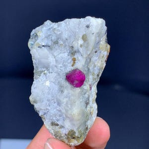 Può includere: Una roccia grezza di forma irregolare con un vibrante cristallo di rubino rosa intenso incastonato al centro. La matrice circostante è un mix di bianco e grigio con macchie di altri minerali.
