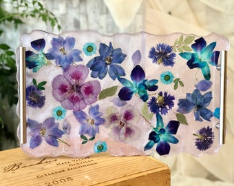 Vanity Tray, Pressed and Preserved Flowers, Bar Tray, Coffee Table Tray, Resin Tray
