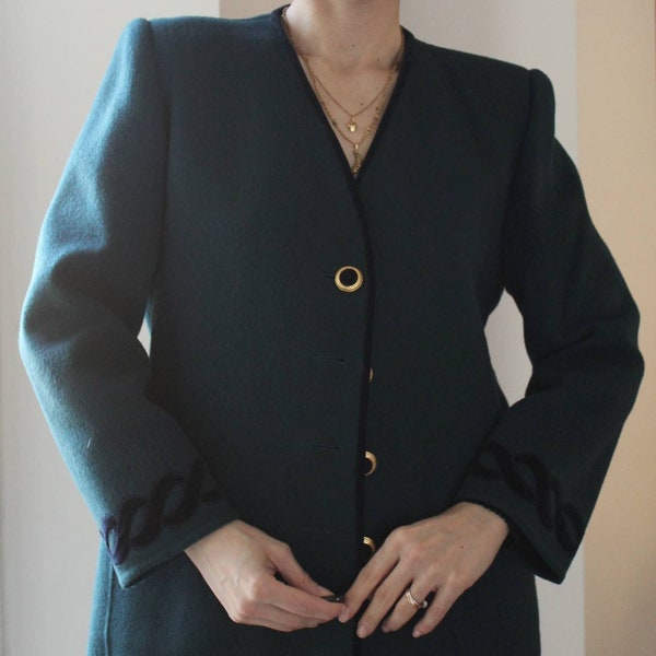 Vintage 90er Schurwolle waldgrüner Blazer mit samtblauen Details