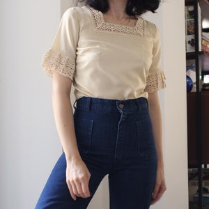 Vintage 70s ivory satin and lace blouse. Vintage but new