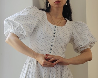 Incredible beautiful vintage cotton puff sleeves midi dress