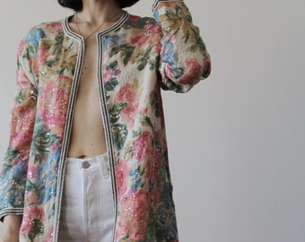 Vintage 60s flowered pastel beaded silk jacket