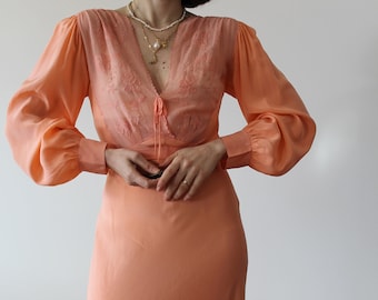Antique 1930s peach pink embroidered pure silk evening bias dress