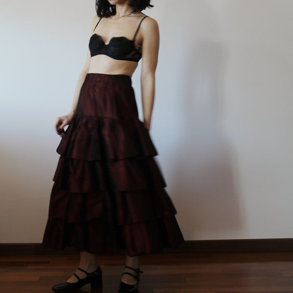 Vintage 70s burgundy flounced skirt evening set