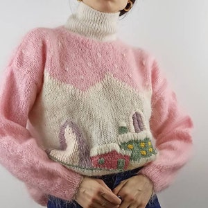 Vintage kid mohair Hand knitted scenic sweater