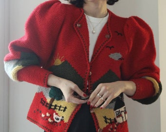 Vintage hand knitted pure wool scenic big puff sleeves cardigan sweater