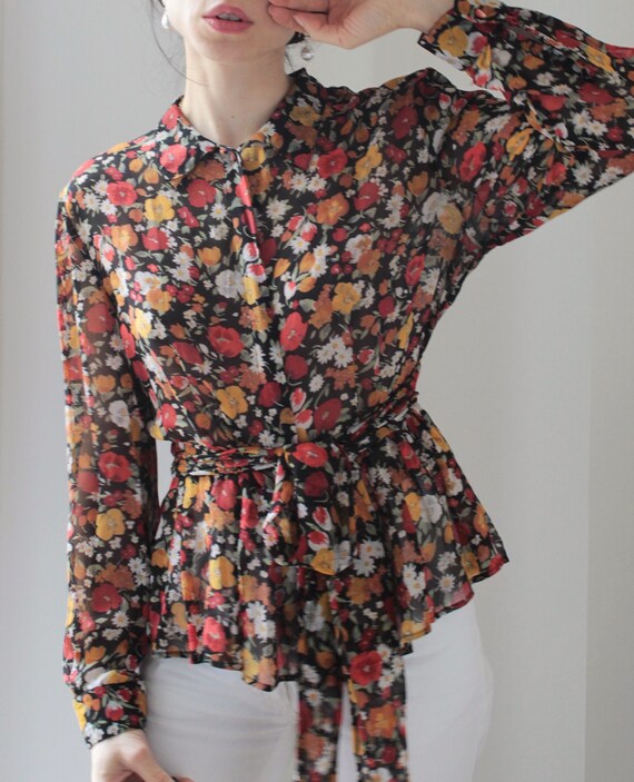 Vintage flowers silk chiffon blouse - image 6