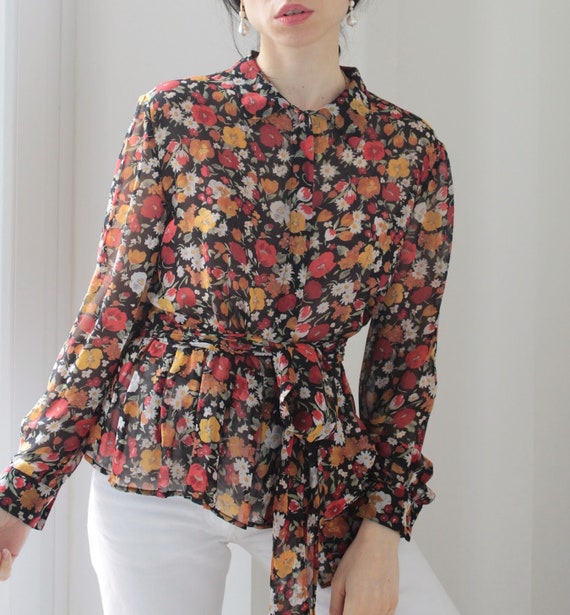 Vintage flowers silk chiffon blouse - image 3