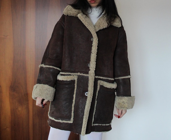 Manteau vintage en peau de mouton retournée chocolat France