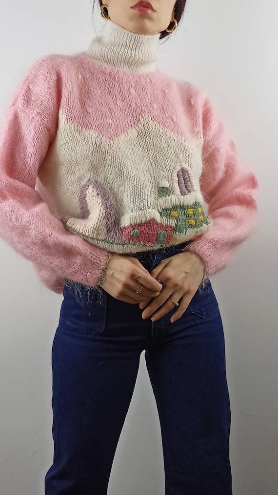 Vintage kid mohair Hand knitted scenic sweater