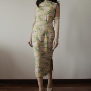 Vintage early 60s pastel beaded cheongsam
