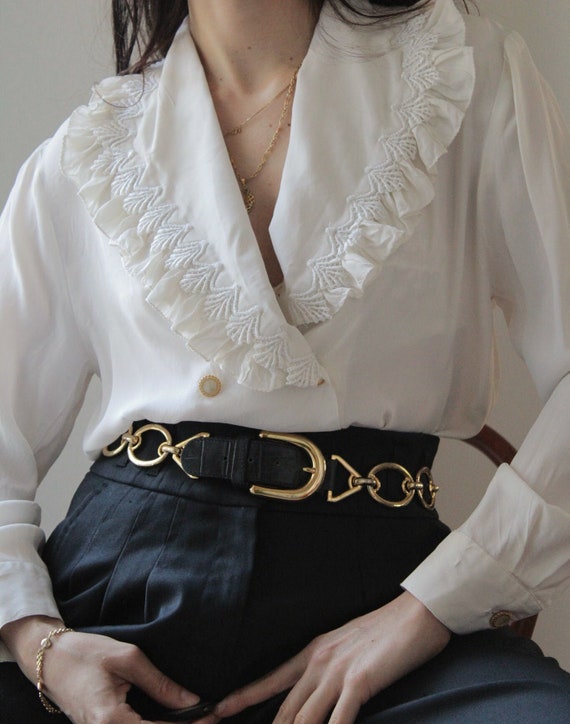 Vintage big ruffled collar silk white blouse
