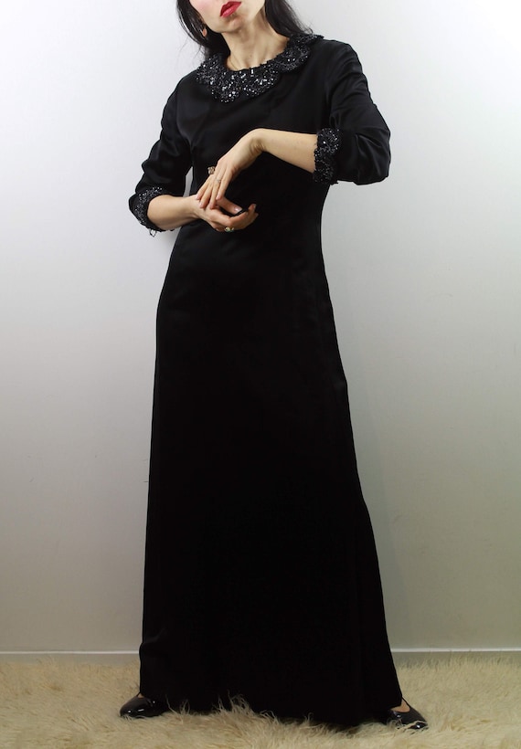 Vintage 60s Black satin beaded collar dress