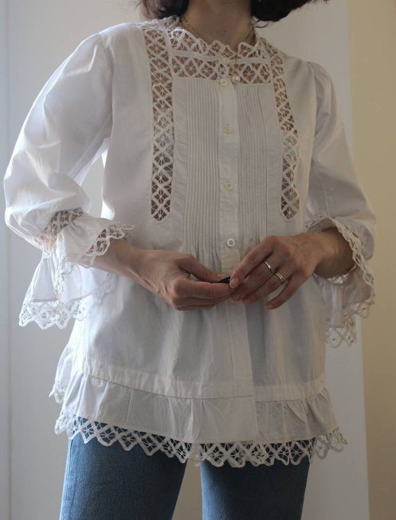 Antique 20s hand embroidered cotton blouse - image 1