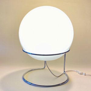 Vintage space age table lamp with chrome frame and pickled glass ball, 1970s