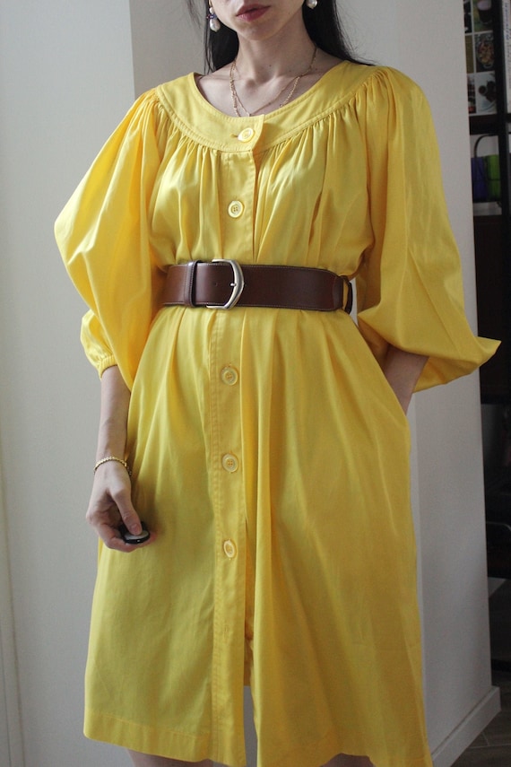 Vintage 80s puff sleeves cotton yellow dress