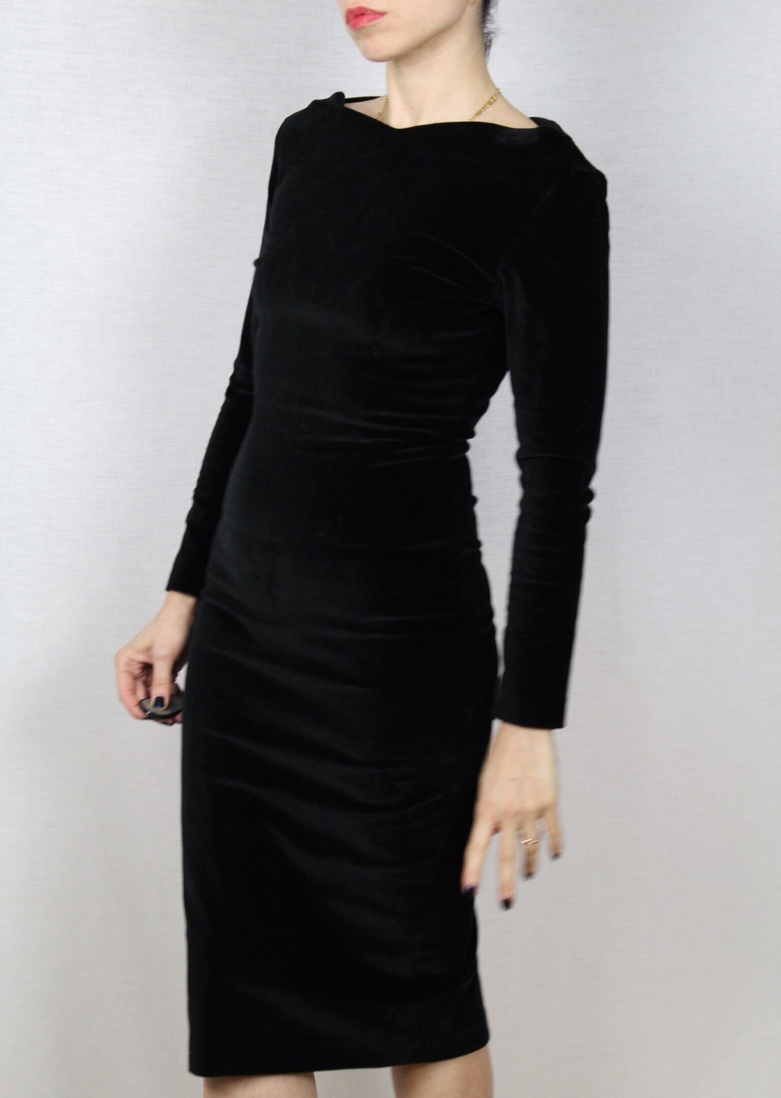 Vintage 90s Velvet Minimal Black Midi Dress - Etsy