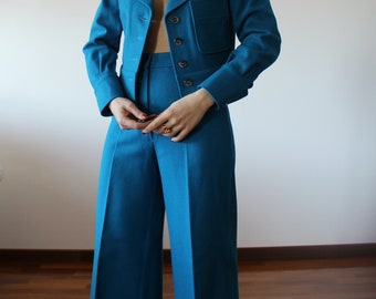 Vintage 70s wool Blue Klein pant suit