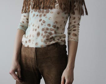 Vintage Blumarine-off-shoulder zijden blouse met suède franjes