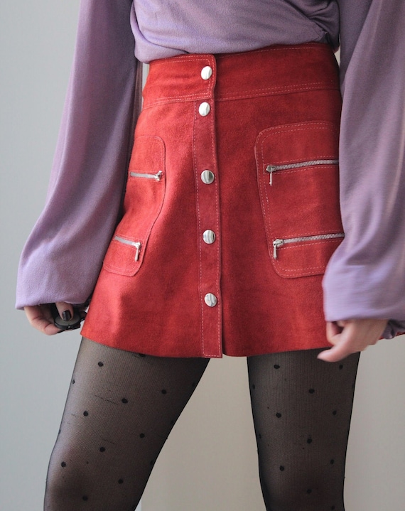 Vintage 70s leather suede red mini skirt