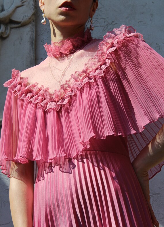 Vintage 70s pink maxi dress lace and jersey