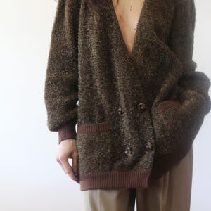 Vintage wool chocolate and bronze lurex maxi cardigan with jewel buttons