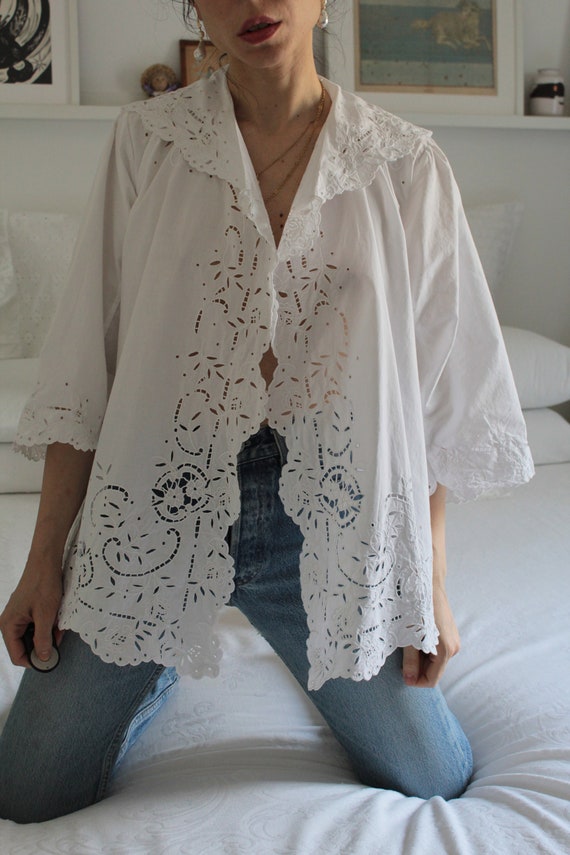 Antique 1900s white cotton hand embroidered jacket