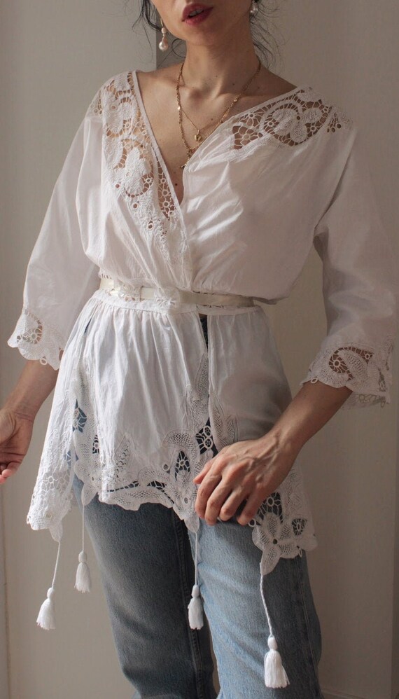 Antique 1900s white cotton hand embroidered blouse