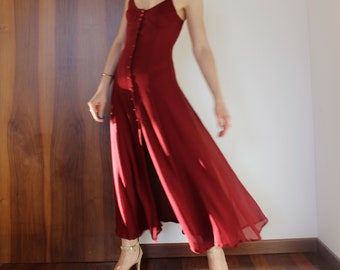 Vintage pure silk Deep Red midi button down dress