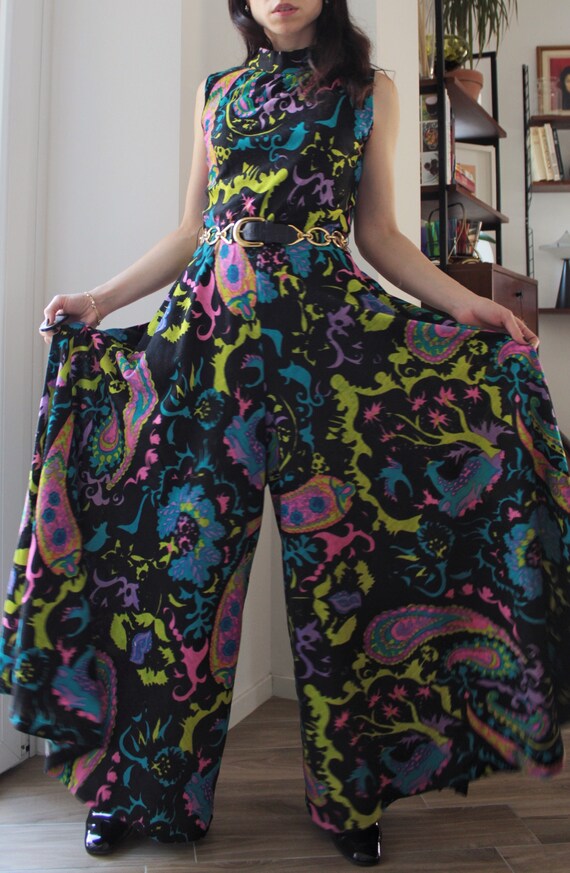 Vintage 70s wool novelty print maxi jumpsuit