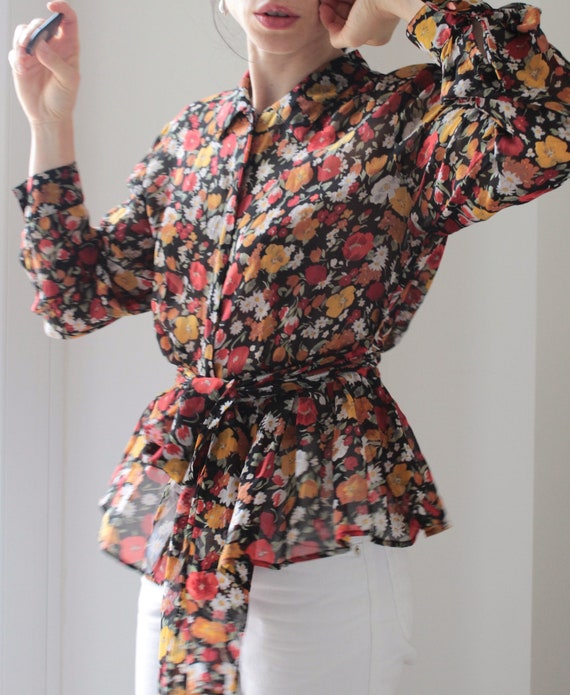 Vintage flowers silk chiffon blouse - image 1